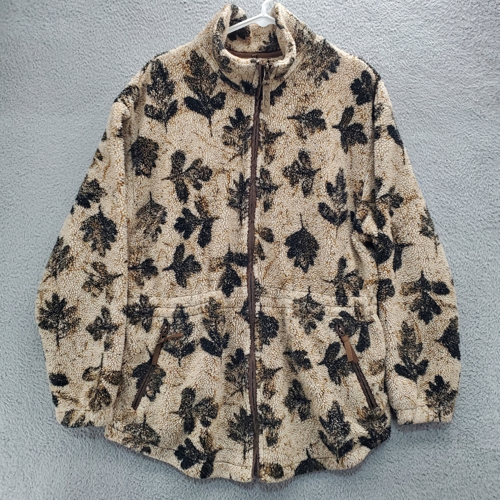 Woolrich Beige and Black Leaf-Print Sherpa Zip Jacket